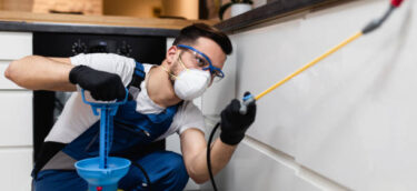 Professional exterminator in protective workwear spraying pesticide in apartment kitchen.